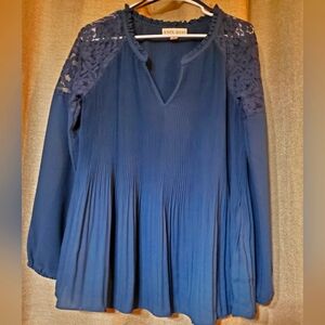 Navy Blue Blouse lace long sleeve shirt V-neck Knox Rose polyester SZ Medium